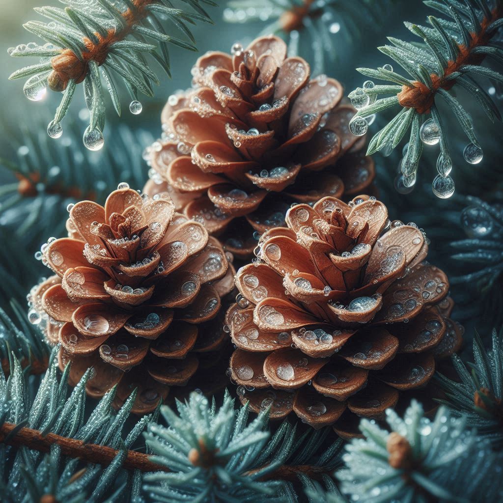 Pine cones covered in dew on a spruce branch Pine cones covered in dew on a spruce branch