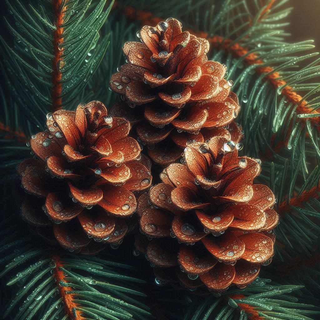 Three pine cones on a branch after a rain shower Three pine cones on a branch after a rain shower