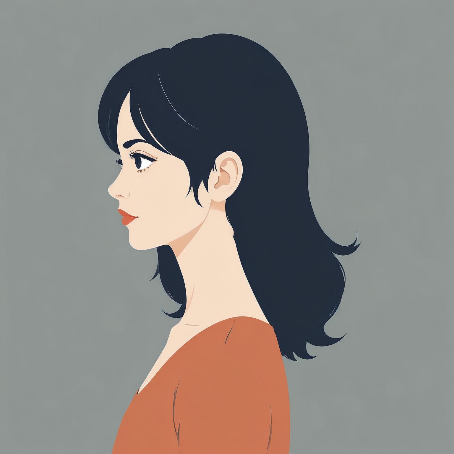 A woman with long black hair stands in profile A woman with long black hair stands in profile