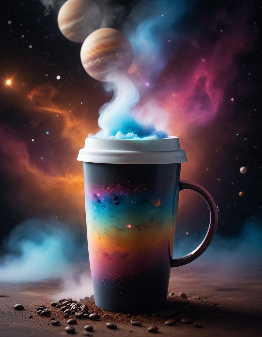 Galaxy mug on a table with coffee beans Galaxy mug on a table with coffee beans