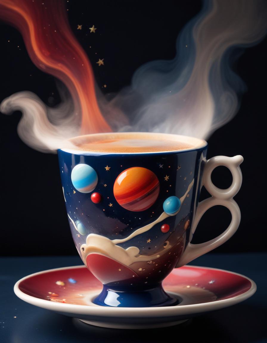 A cup of tea with a space-themed design steams in the dark A cup of tea with a space-themed design steams in the dark