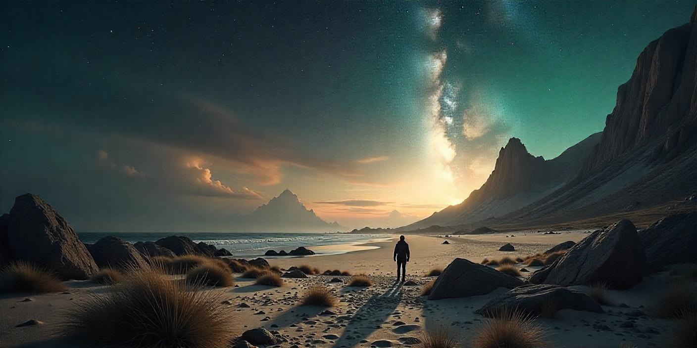 A figure walks a sandy beach, mountains behind A figure walks a sandy beach, mountains behind