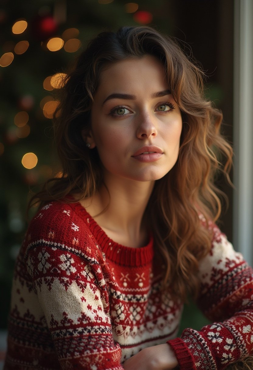 A woman in a red sweater looks at the camera A woman in a red sweater looks at the camera