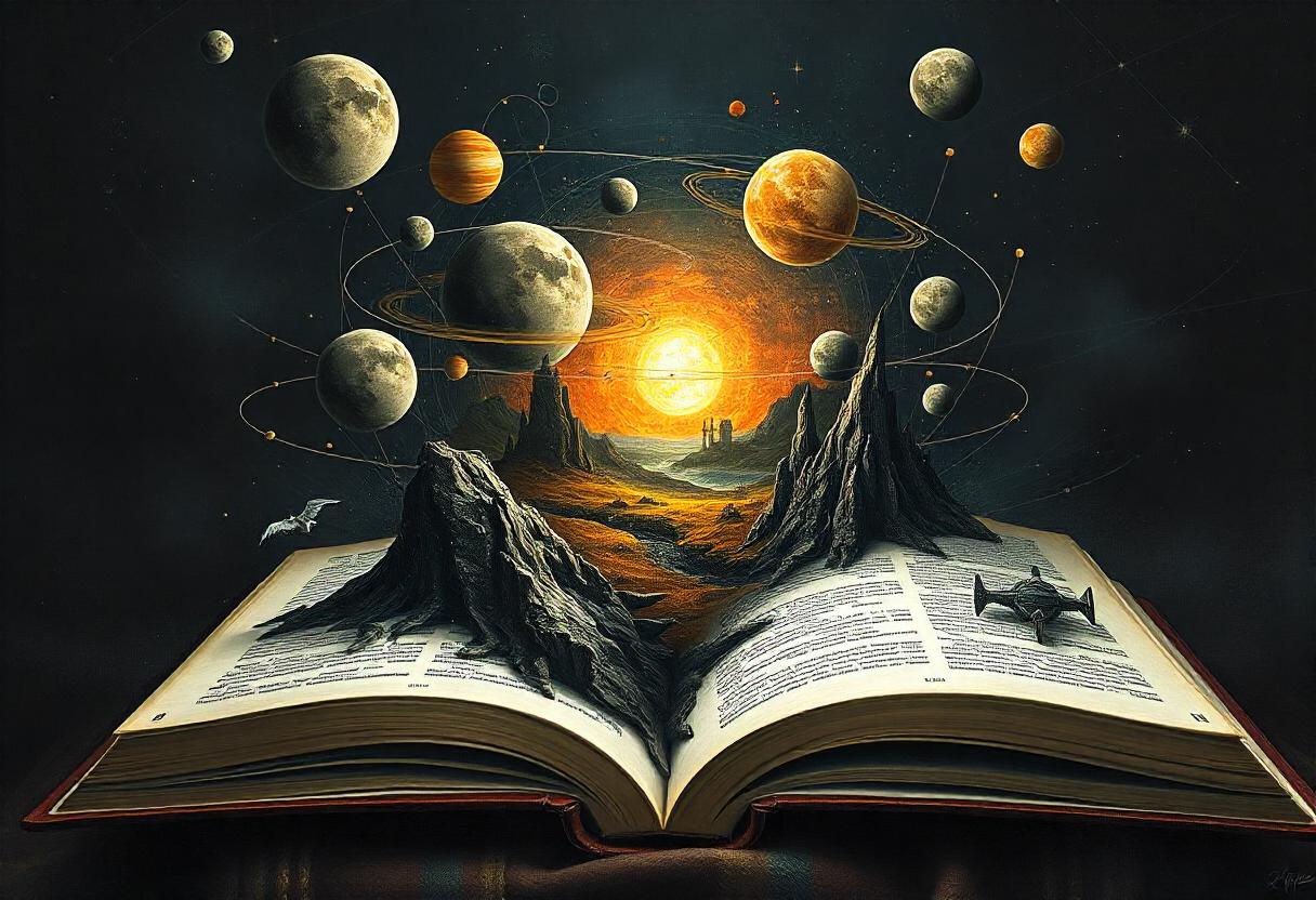 A book reveals a fantasy world with planets and sunset A book reveals a fantasy world with planets and sunset