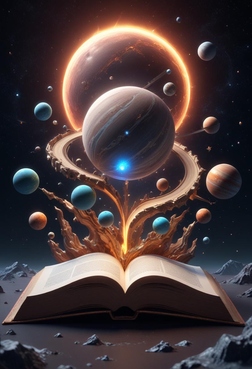 Planets emerge from an open book, glowing in the dark Planets emerge from an open book, glowing in the dark