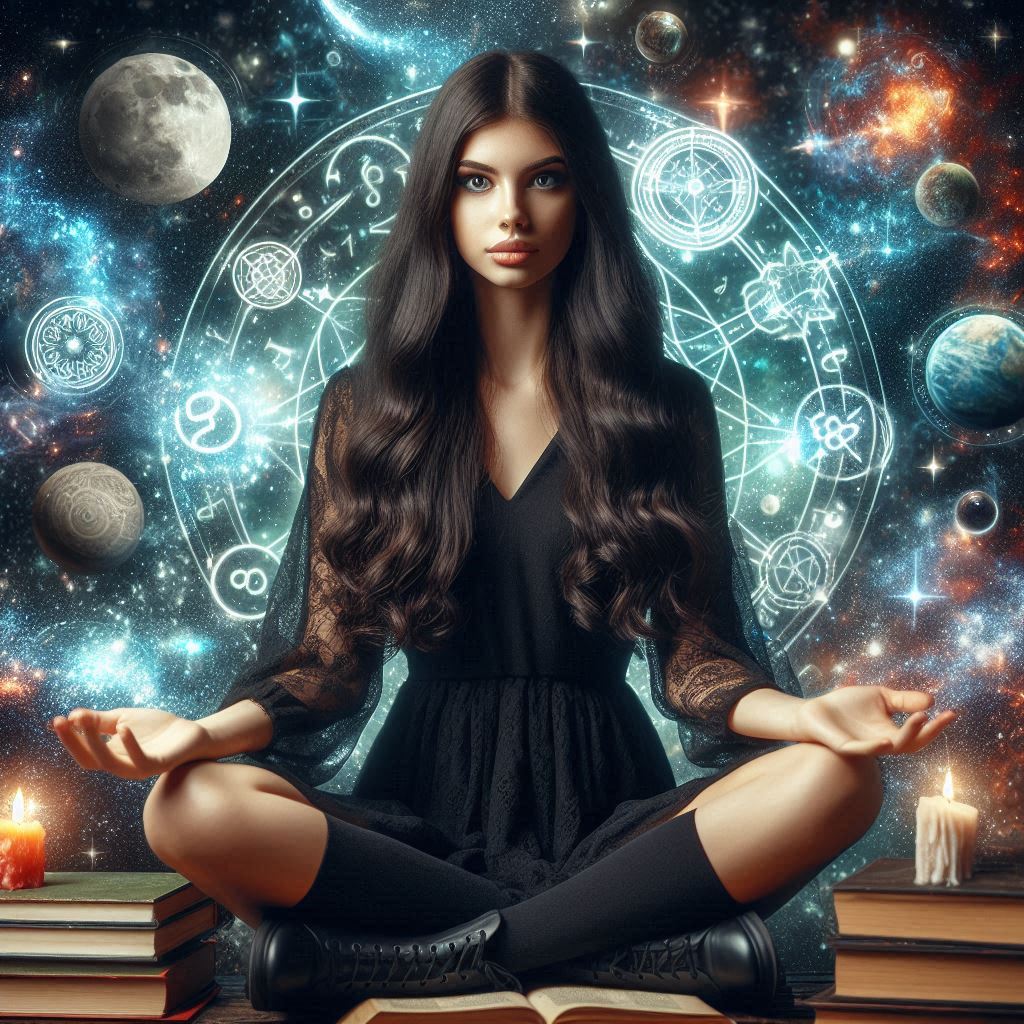 A woman meditates surrounded by celestial symbols A woman meditates surrounded by celestial symbols