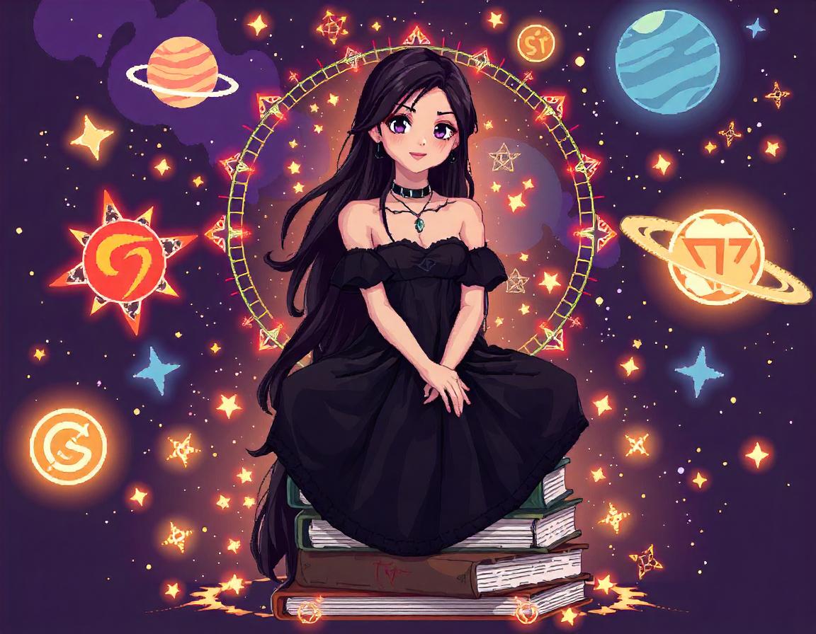 A girl sits on books in a starry night sky A girl sits on books in a starry night sky