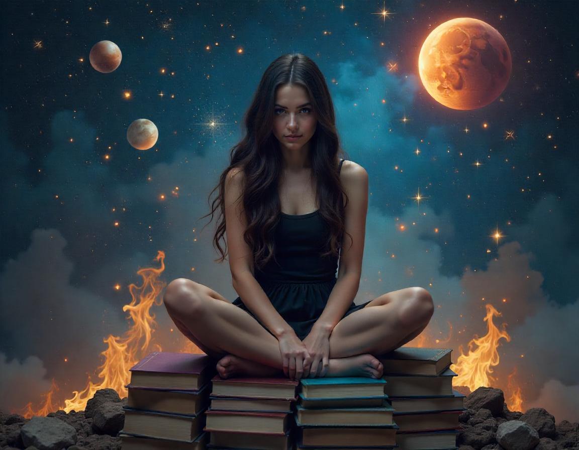 Woman sits on books beneath a big moon Woman sits on books beneath a big moon