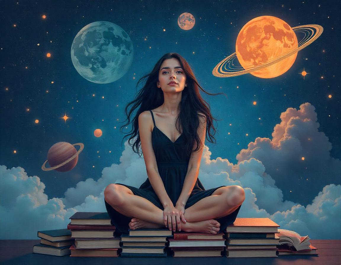 A woman on books, surrounded by stars and planets A woman on books, surrounded by stars and planets