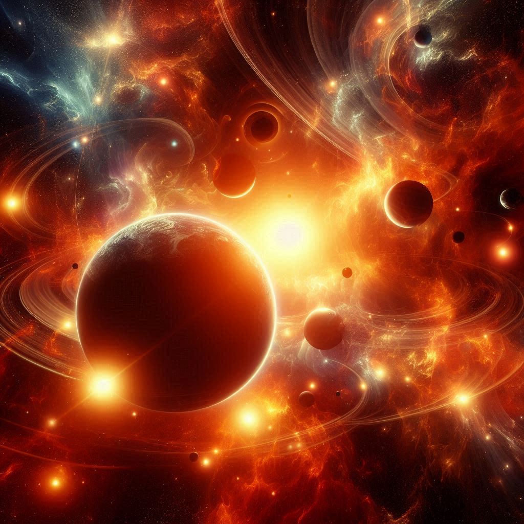A fiery nebula with many planets and stars A fiery nebula with many planets and stars