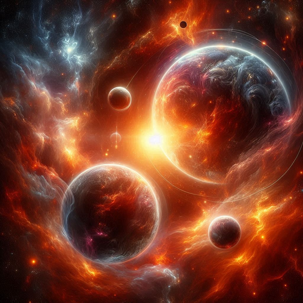 A fiery nebula surrounds several planets A fiery nebula surrounds several planets