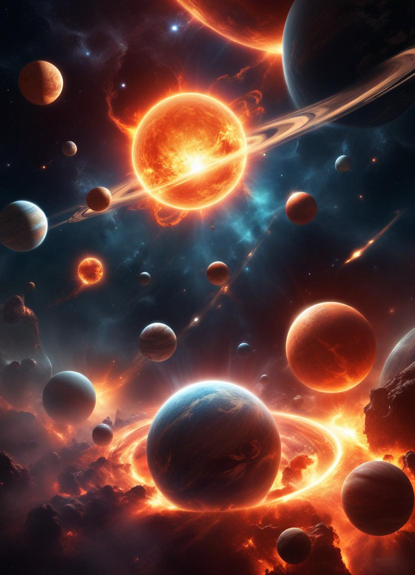 A blazing star with rings lights a chaotic planet field A blazing star with rings lights a chaotic planet field