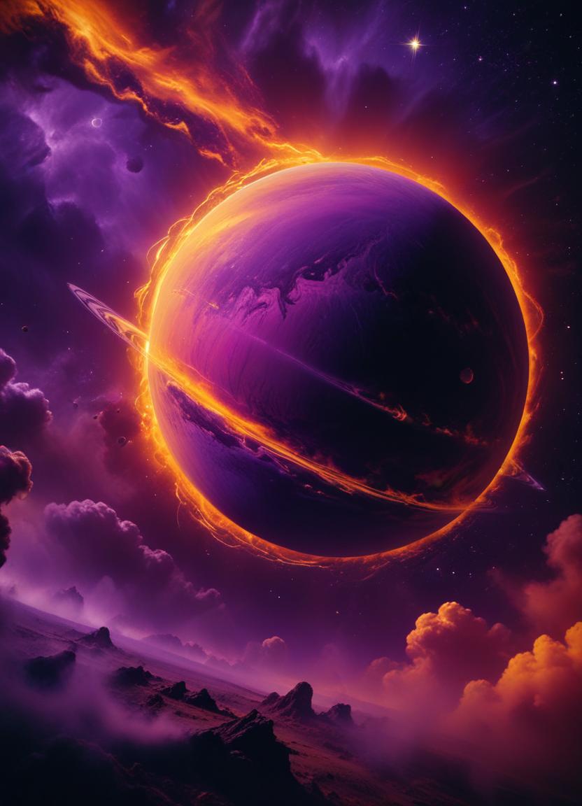 Purple planet with rings in an orange glow Purple planet with rings in an orange glow
