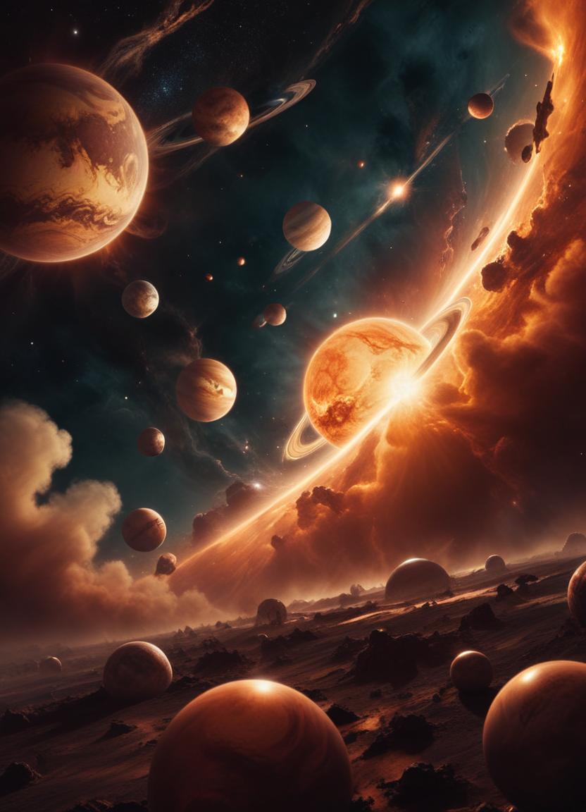 A bright planet with rings glows in the dark sky A bright planet with rings glows in the dark sky