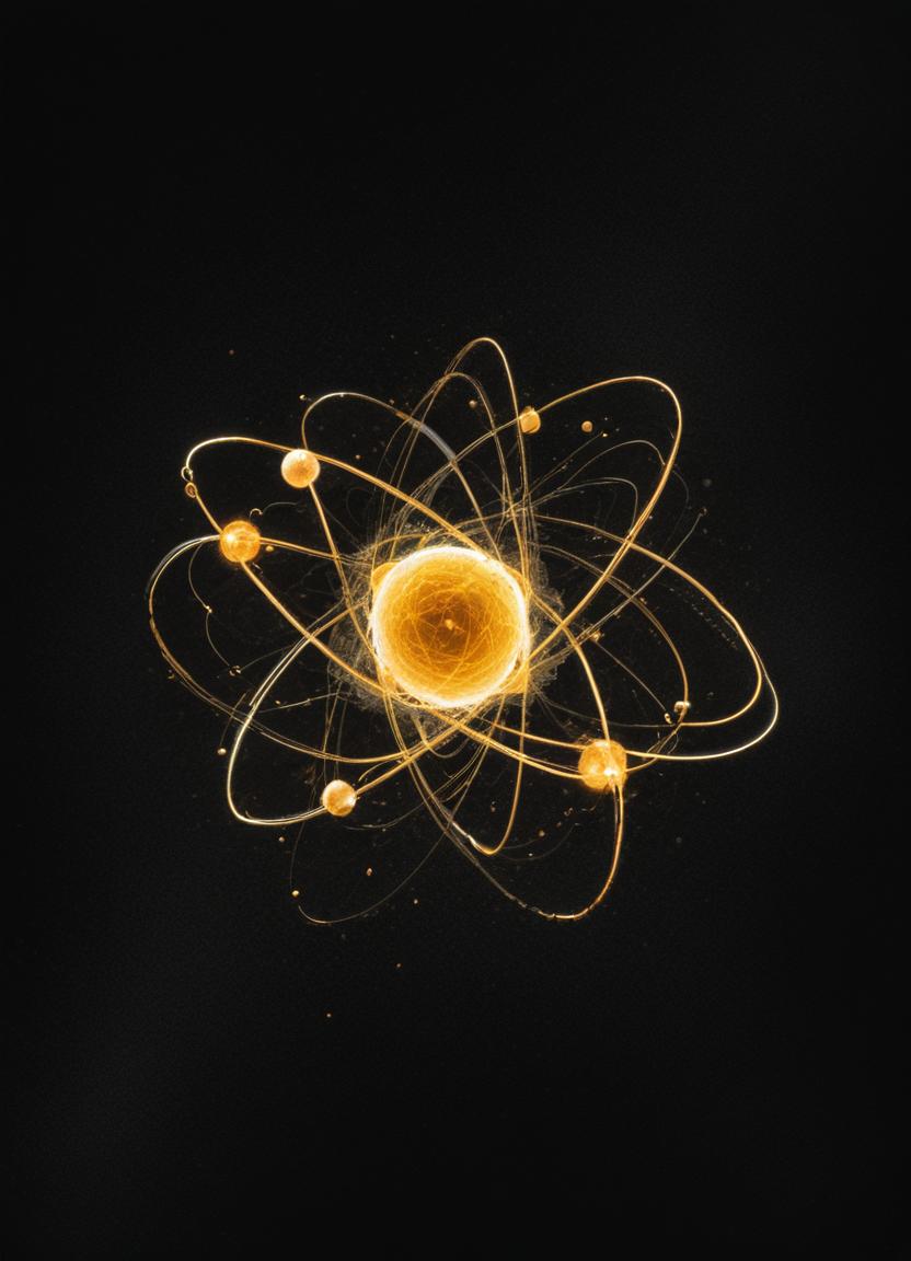 A glowing gold atom orbits on a black background A glowing gold atom orbits on a black background