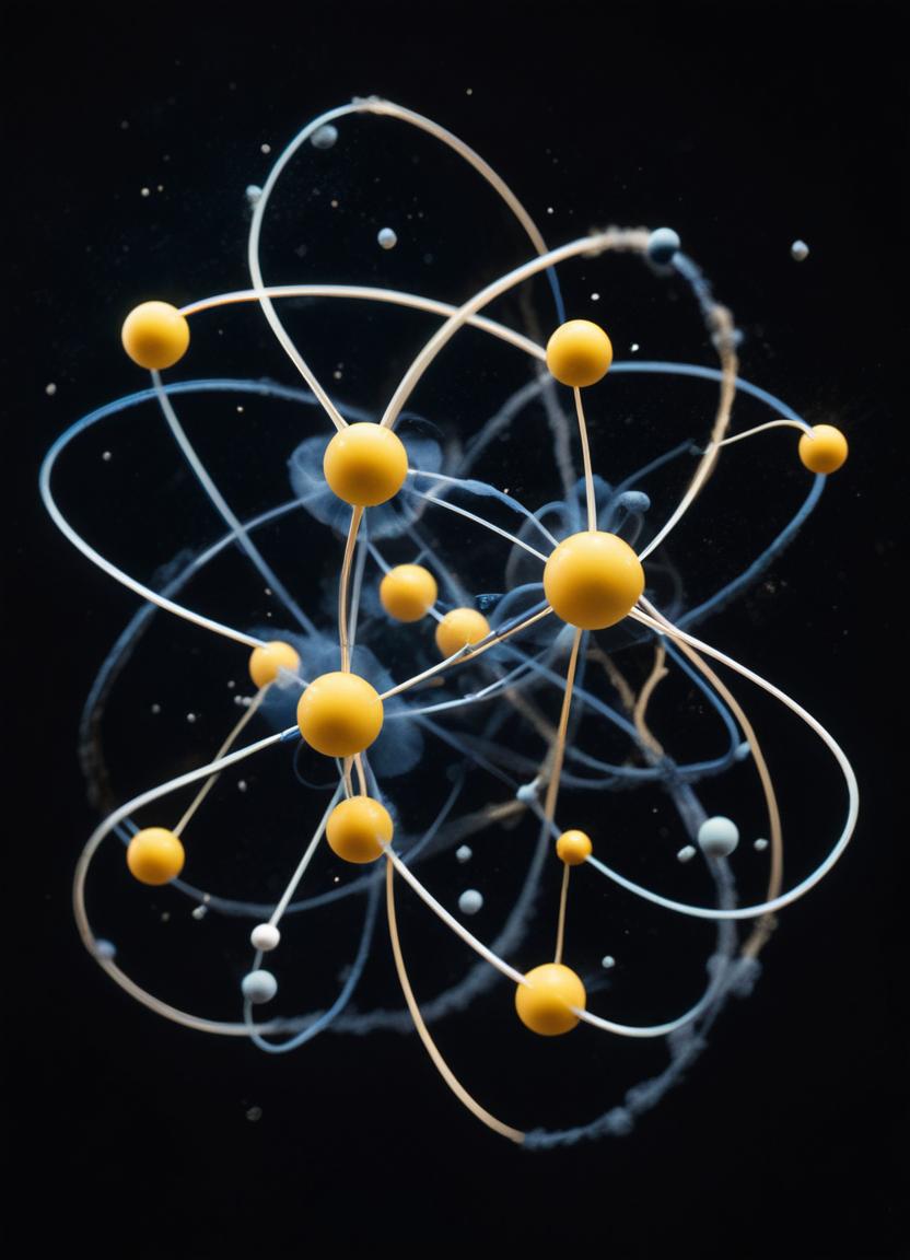 Yellow spheres orbit, linked by thin white lines Yellow spheres orbit, linked by thin white lines