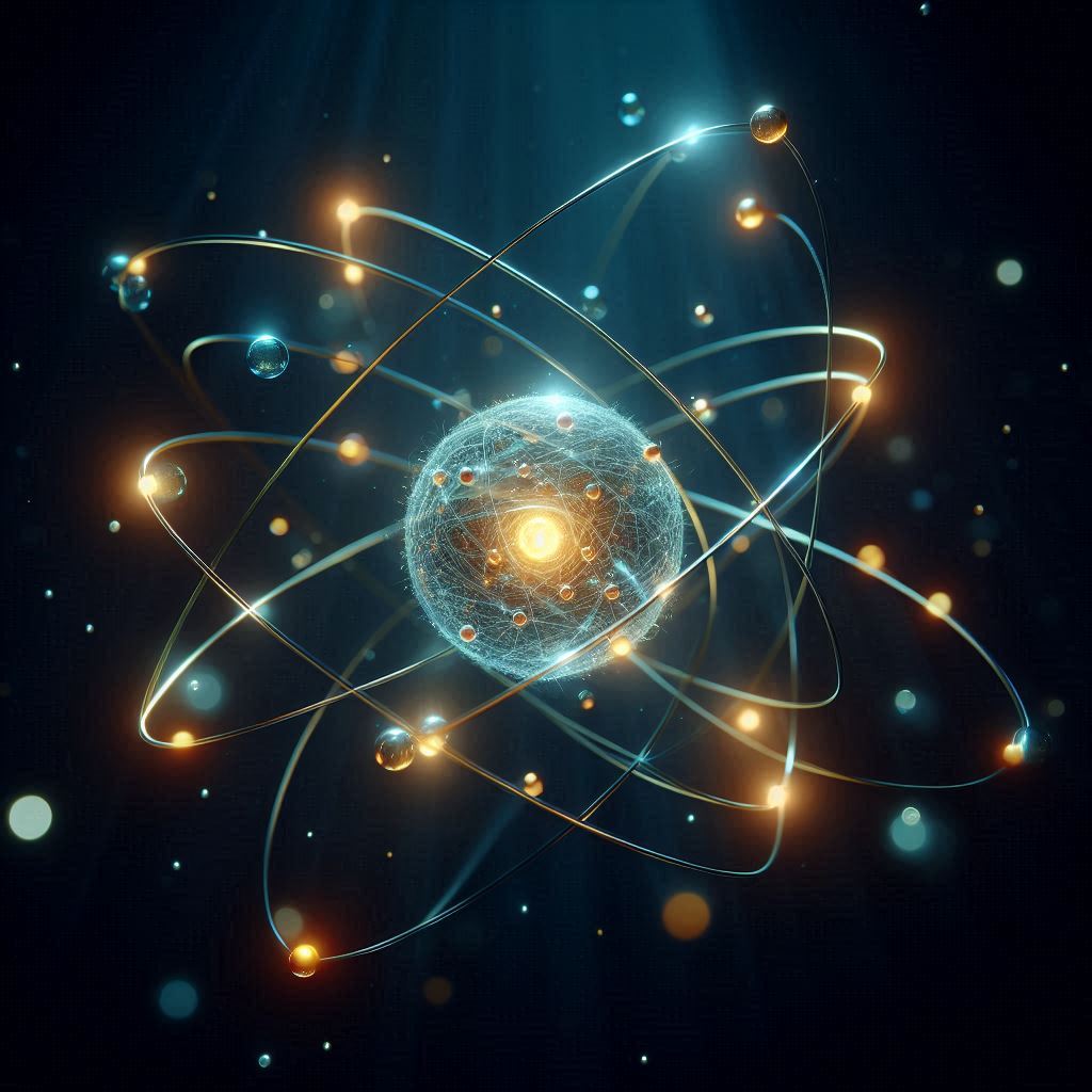 A glowing atom model with orbiting electrons A glowing atom model with orbiting electrons