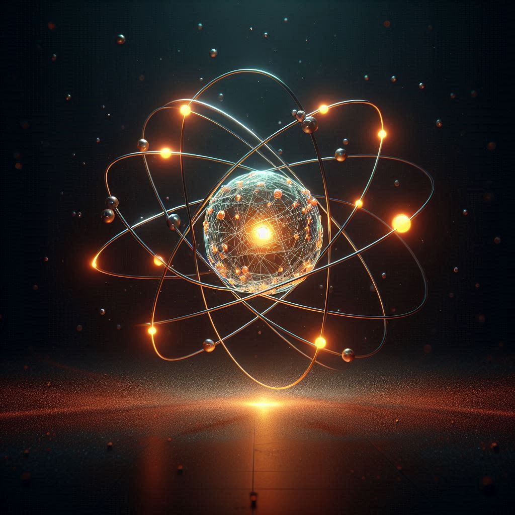 A glowing atomic model with orbiting electrons A glowing atomic model with orbiting electrons