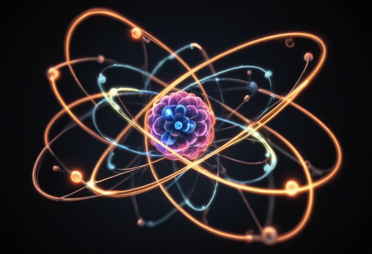A vibrant illustration of an atom with orbiting electrons A vibrant illustration of an atom with orbiting electrons