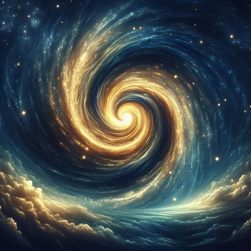 A golden spiral galaxy above clouds A golden spiral galaxy above clouds
