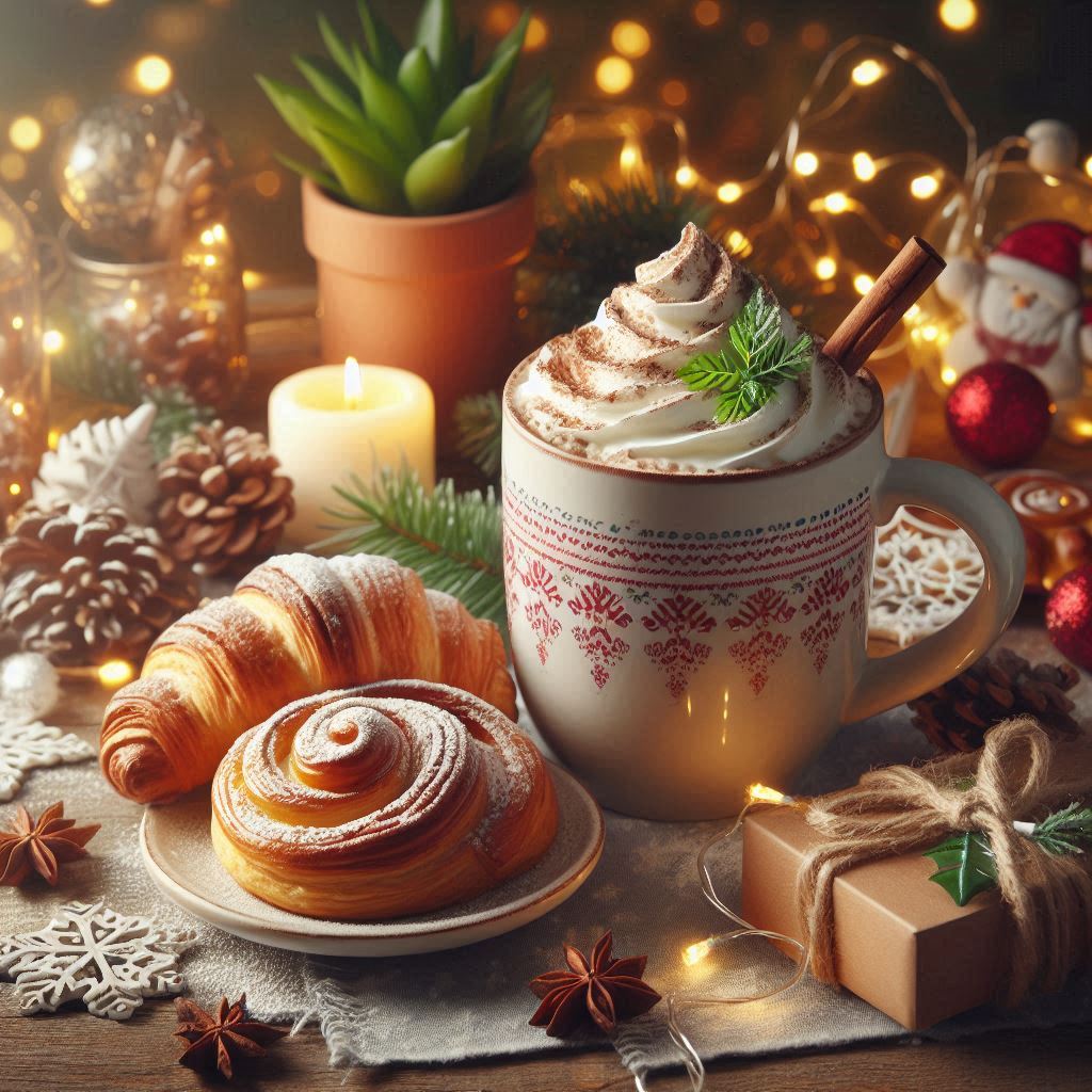 A warm cup of cocoa and pastries by the twinkling lights A warm cup of cocoa and pastries by the twinkling lights