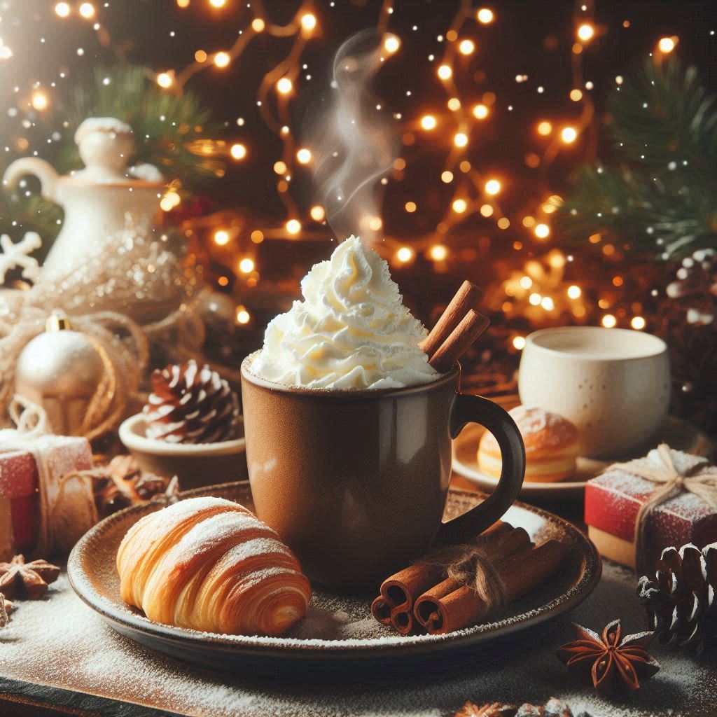 Warm cocoa with whipped cream and cinnamon sticks Warm cocoa with whipped cream and cinnamon sticks
