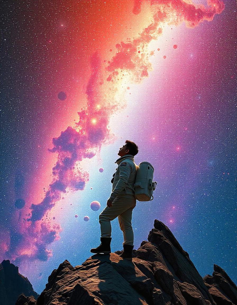 An astronaut looks up at the stars on a distant planet An astronaut looks up at the stars on a distant planet