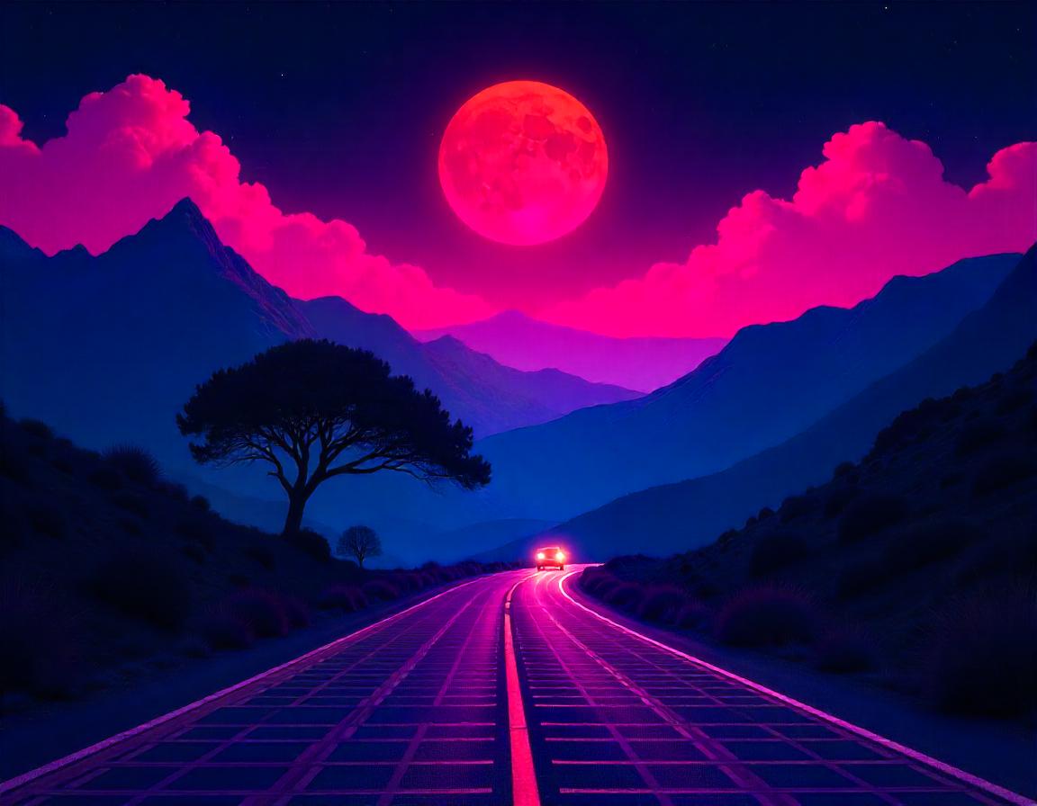 A car drives down a long, winding road at night A car drives down a long, winding road at night