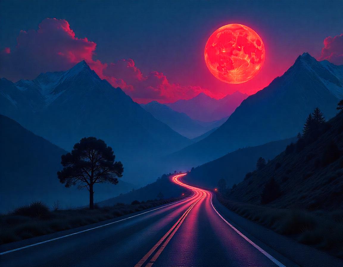Winding road through mountains under a red moon Winding road through mountains under a red moon