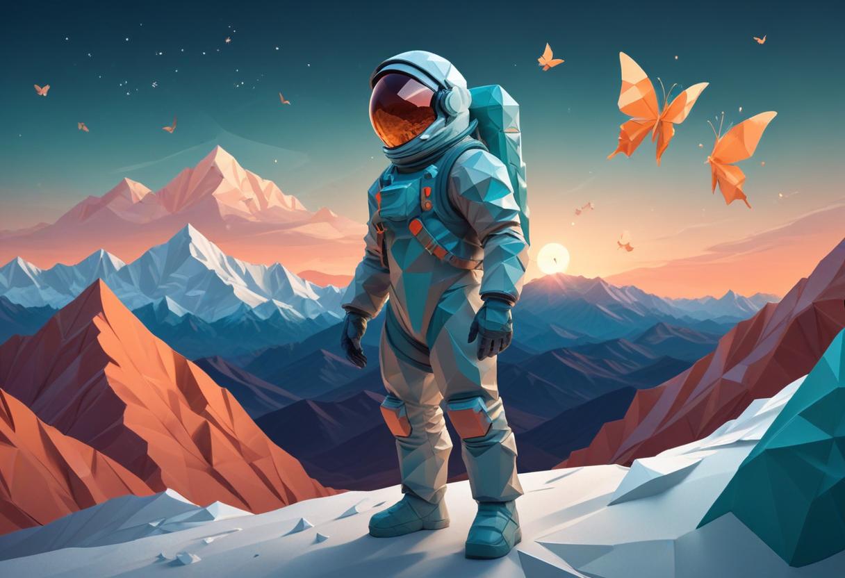 Astronaut on snowy peak, gazing at sunset Astronaut on snowy peak, gazing at sunset
