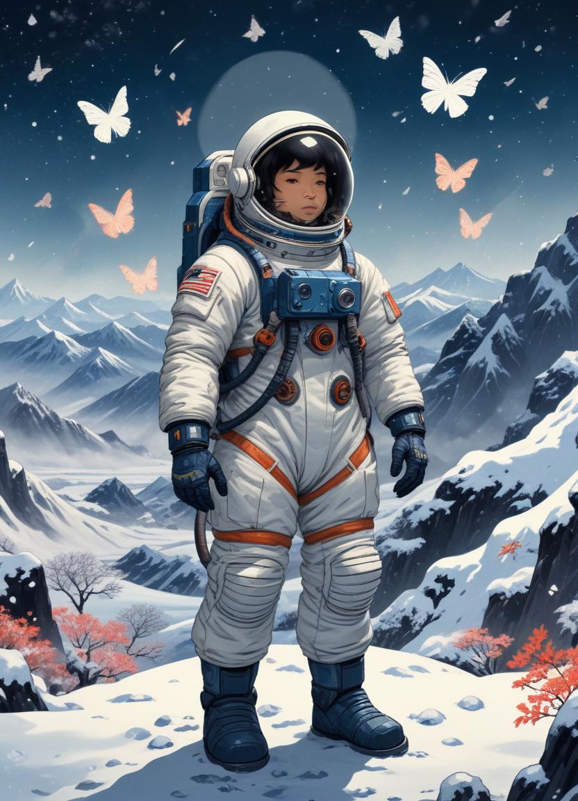 An astronaut gazes from a snowy mountain peak An astronaut gazes from a snowy mountain peak