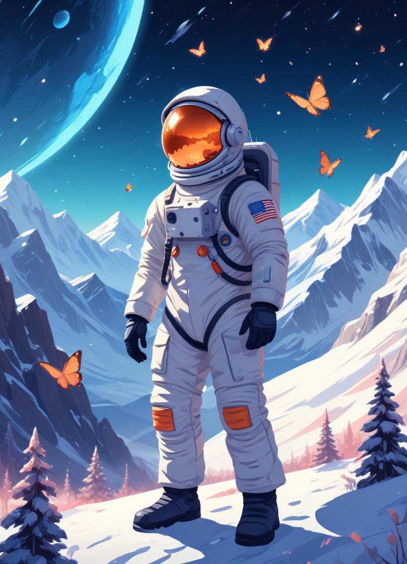 Astronaut on snowy mountain with butterflies Astronaut on snowy mountain with butterflies
