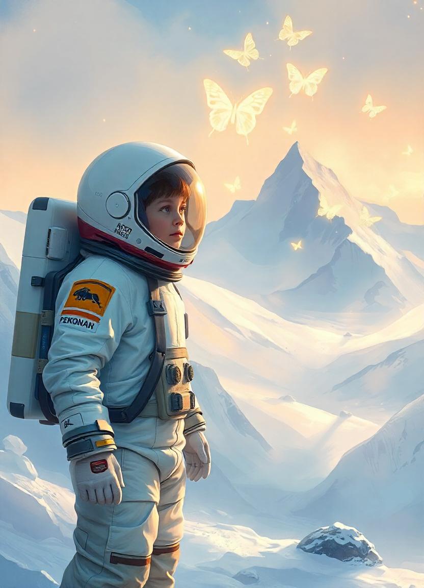 Young astronaut on snowy mountain watches butterflies Young astronaut on snowy mountain watches butterflies