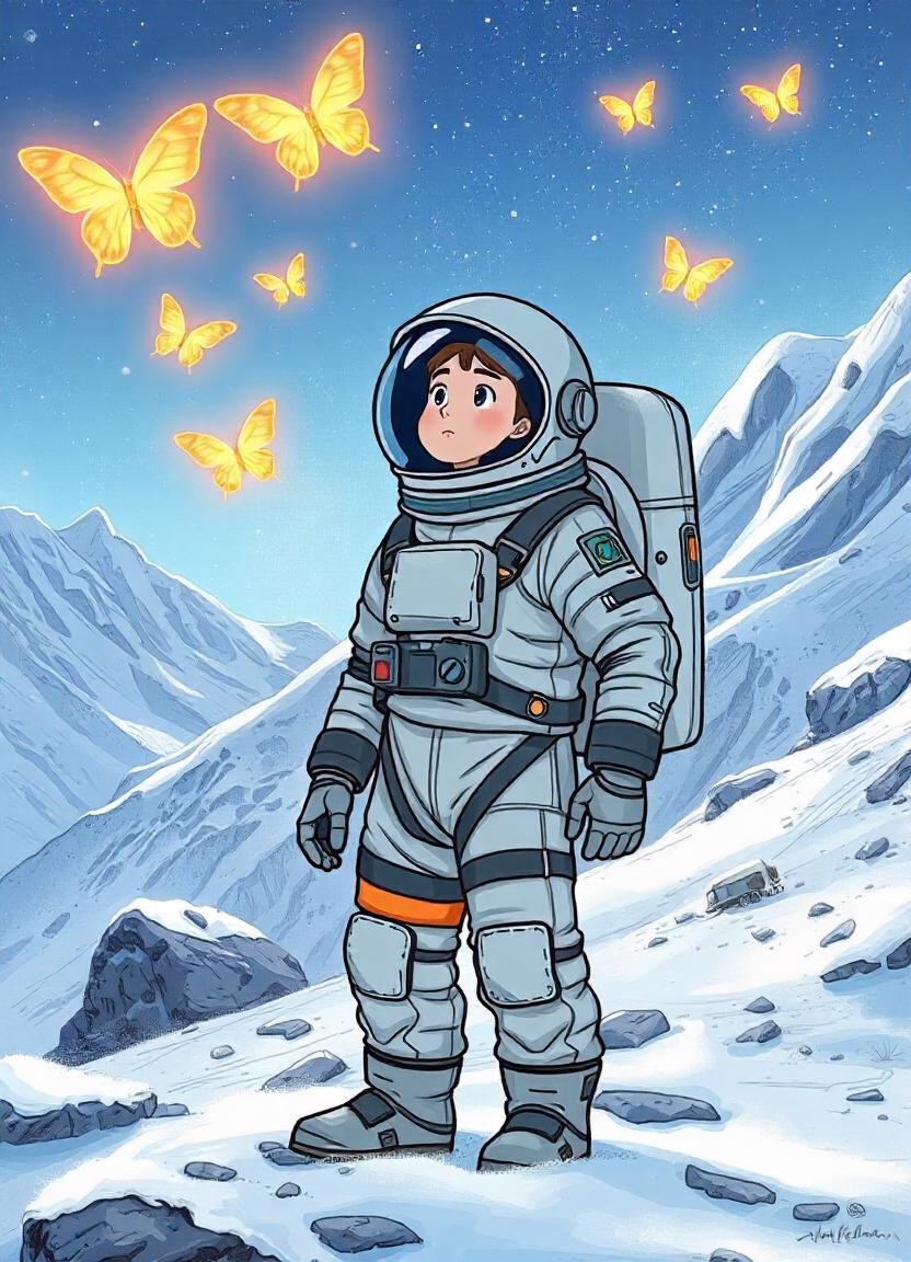 Astronaut on snowy mountain gazes at glowing butterflies Astronaut on snowy mountain gazes at glowing butterflies