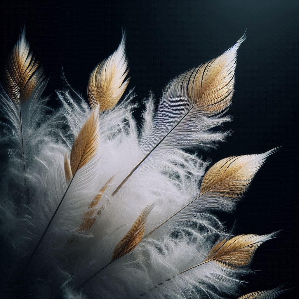 White and gold feathers arranged on a black background White and gold feathers arranged on a black background