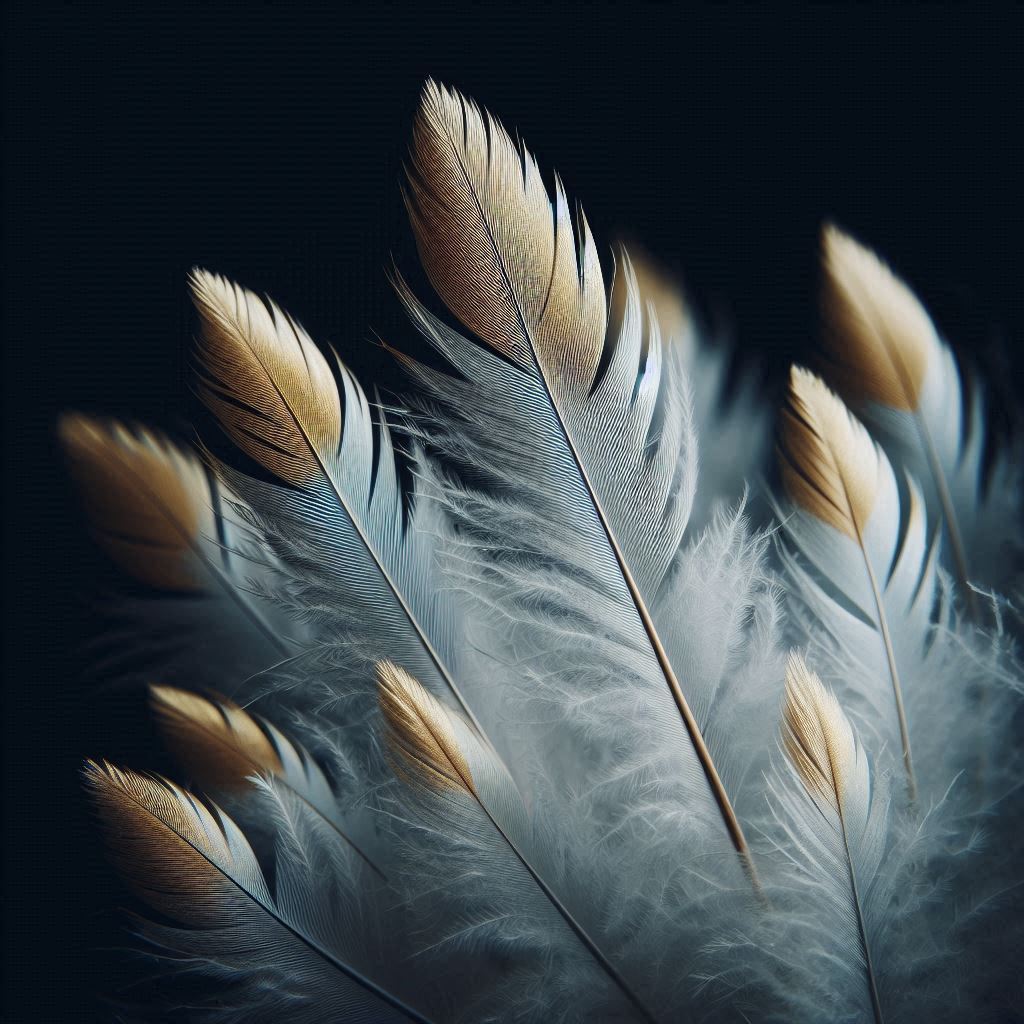 Golden and white feathers against a black background Golden and white feathers against a black background