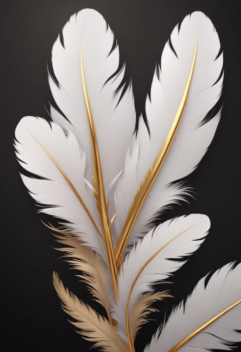 White feathers with gold tips against a black background White feathers with gold tips against a black background