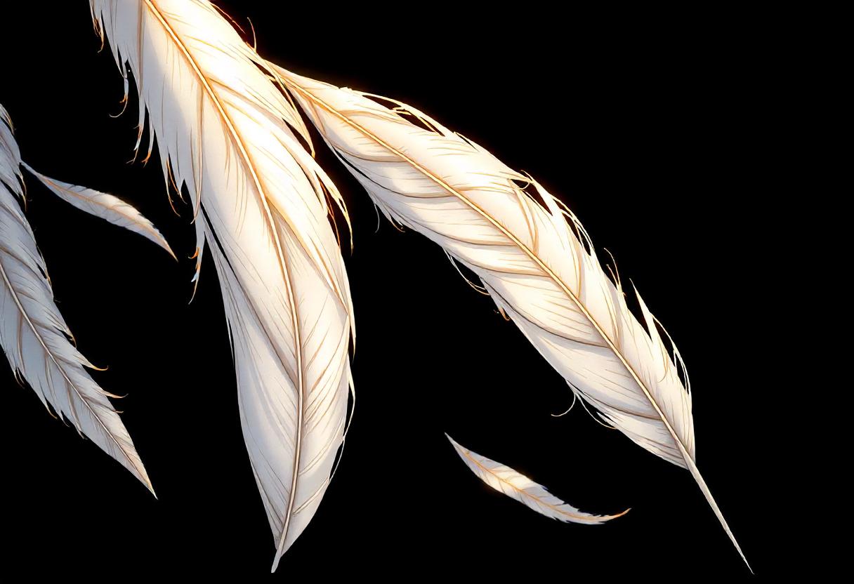White feathers fall against a dark background White feathers fall against a dark background