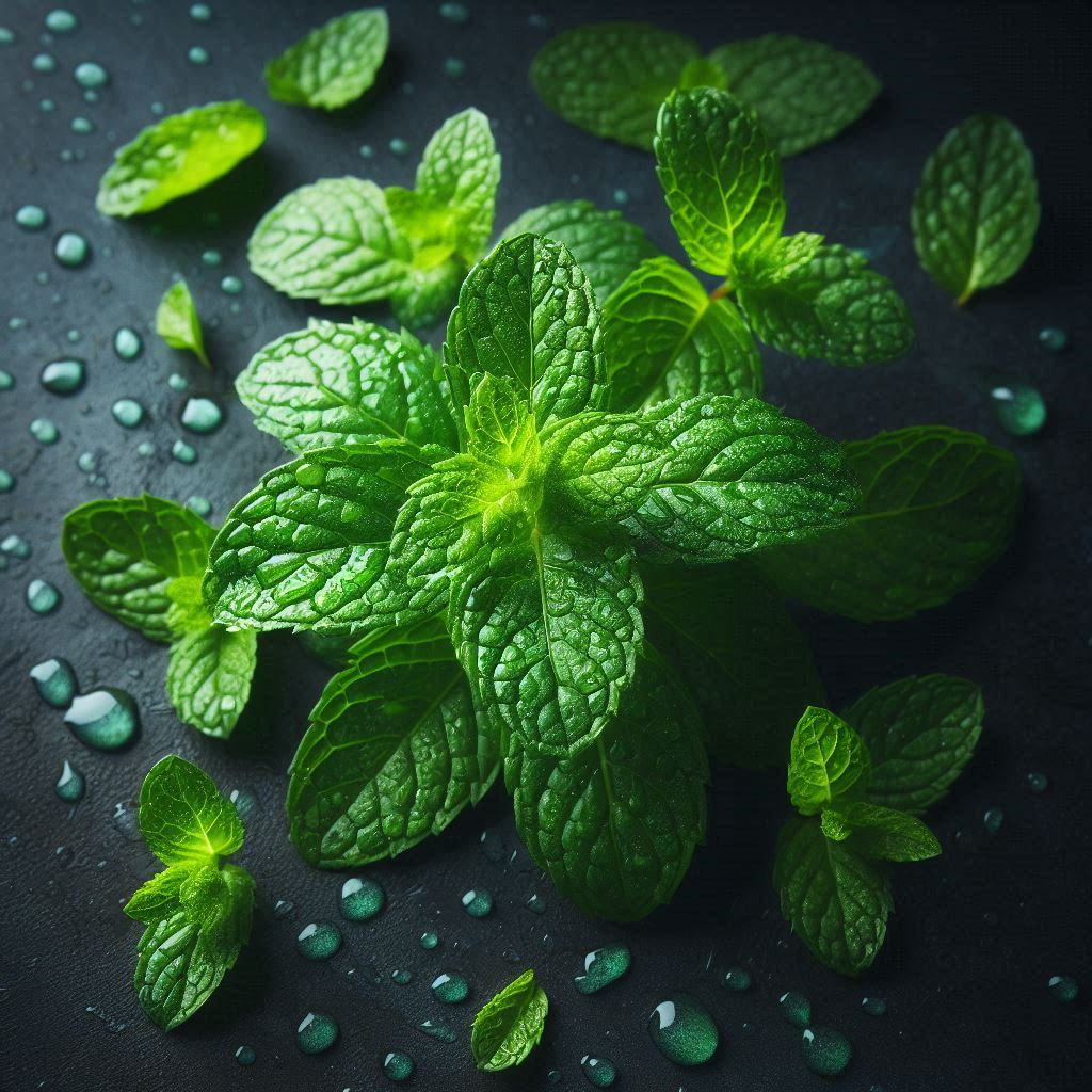 Fresh mint leaves on a dark surface with water droplets Fresh mint leaves on a dark surface with water droplets