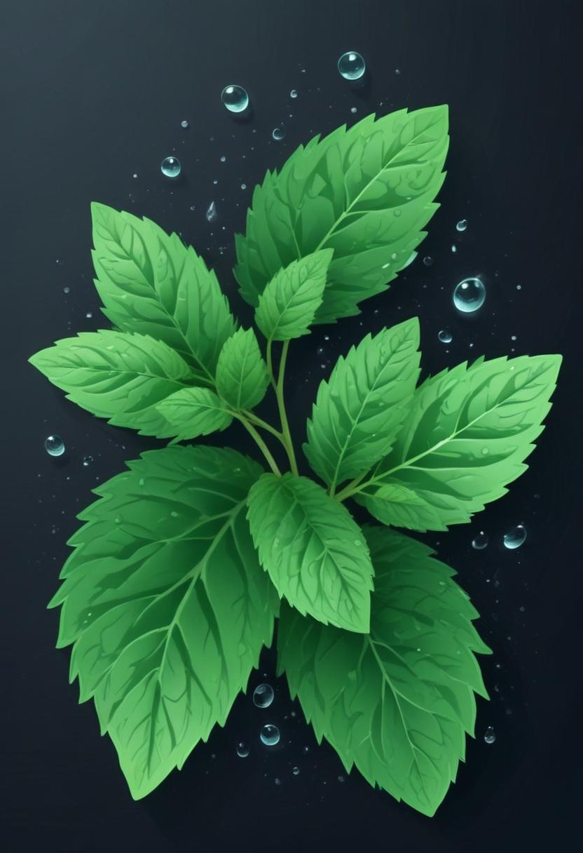 Fresh mint leaves with water droplets on a dark background Fresh mint leaves with water droplets on a dark background