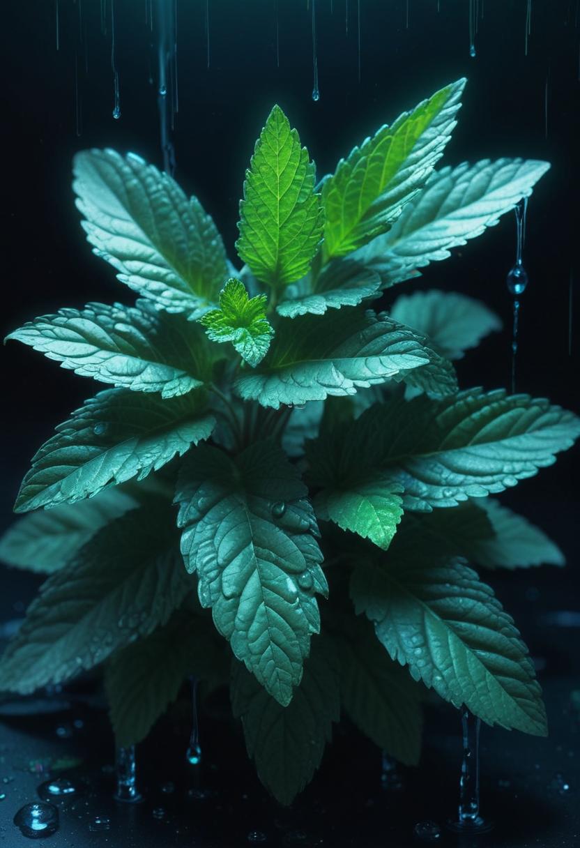 Green mint plant being watered in a dark room Green mint plant being watered in a dark room