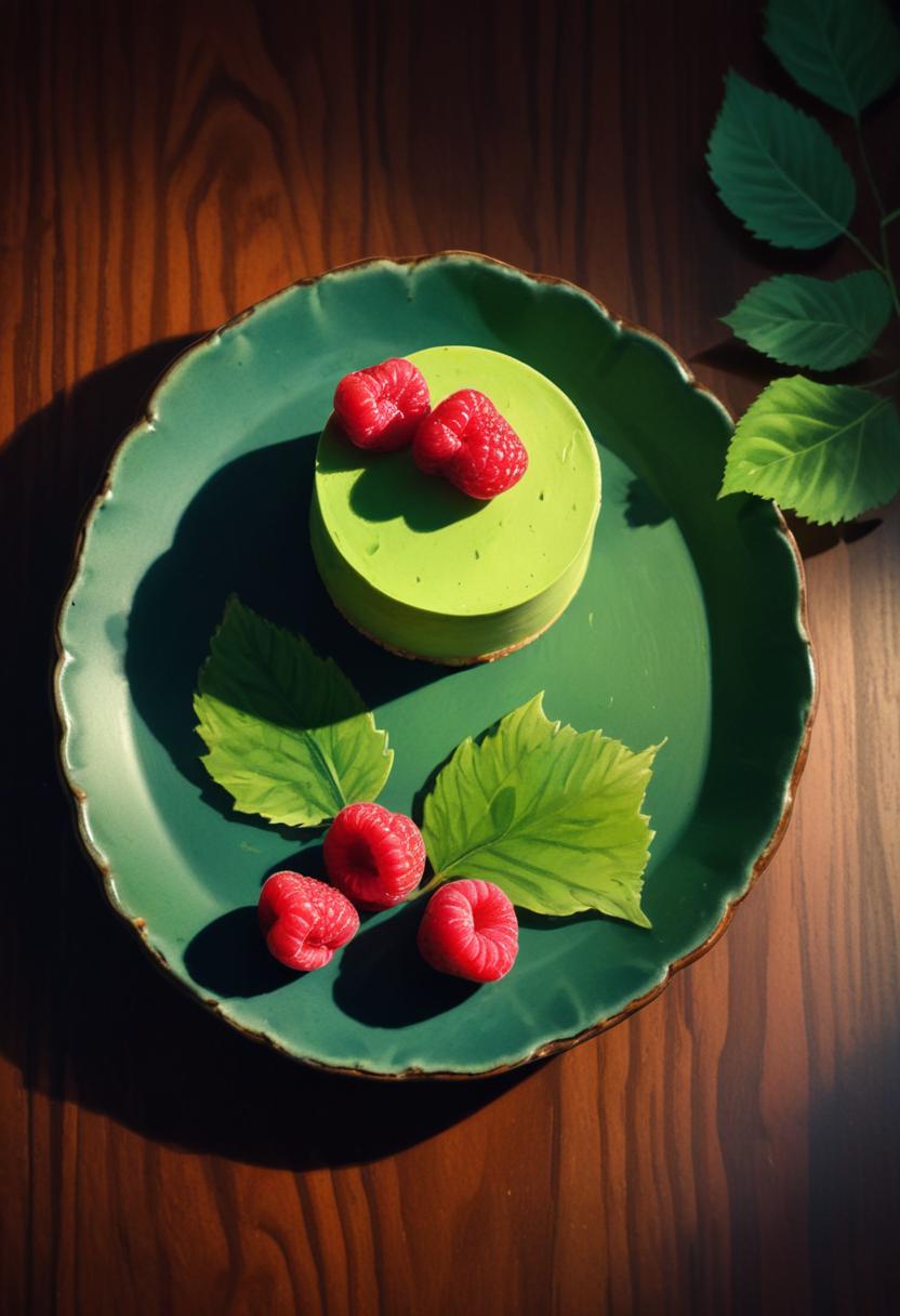 A green matcha cake with raspberries on a green plate A green matcha cake with raspberries on a green plate