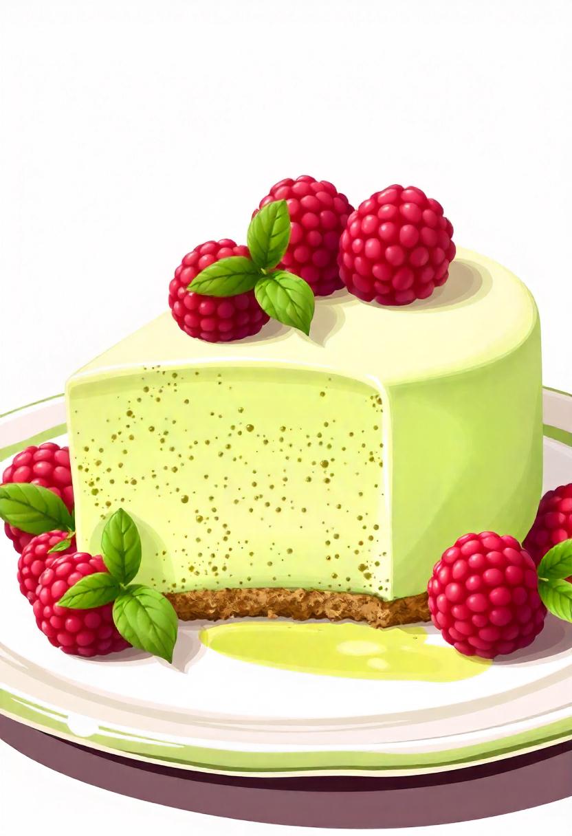 A slice of green tea cheesecake topped with raspberries A slice of green tea cheesecake topped with raspberries