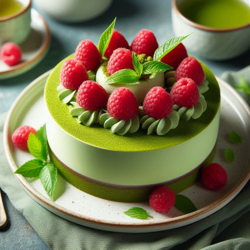 A green tea cake topped with raspberries and mint A green tea cake topped with raspberries and mint