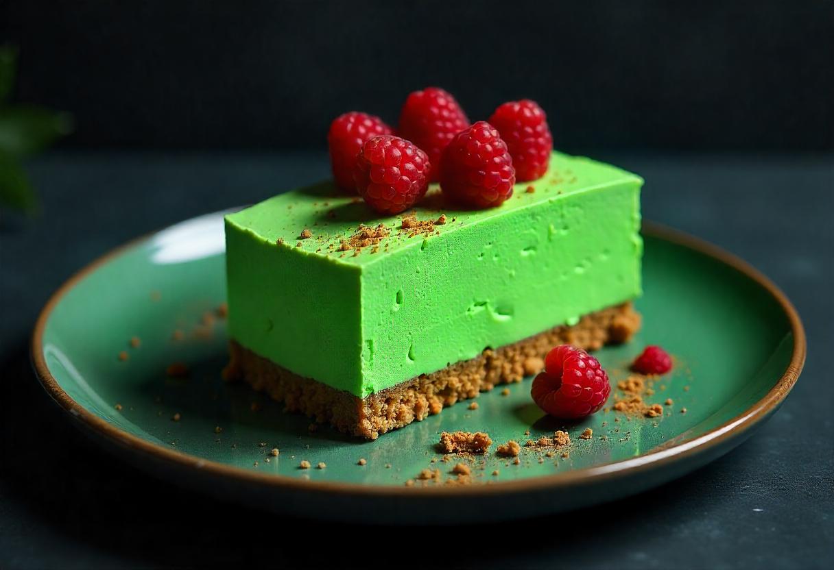 A slice of green cheesecake with raspberries on top A slice of green cheesecake with raspberries on top
