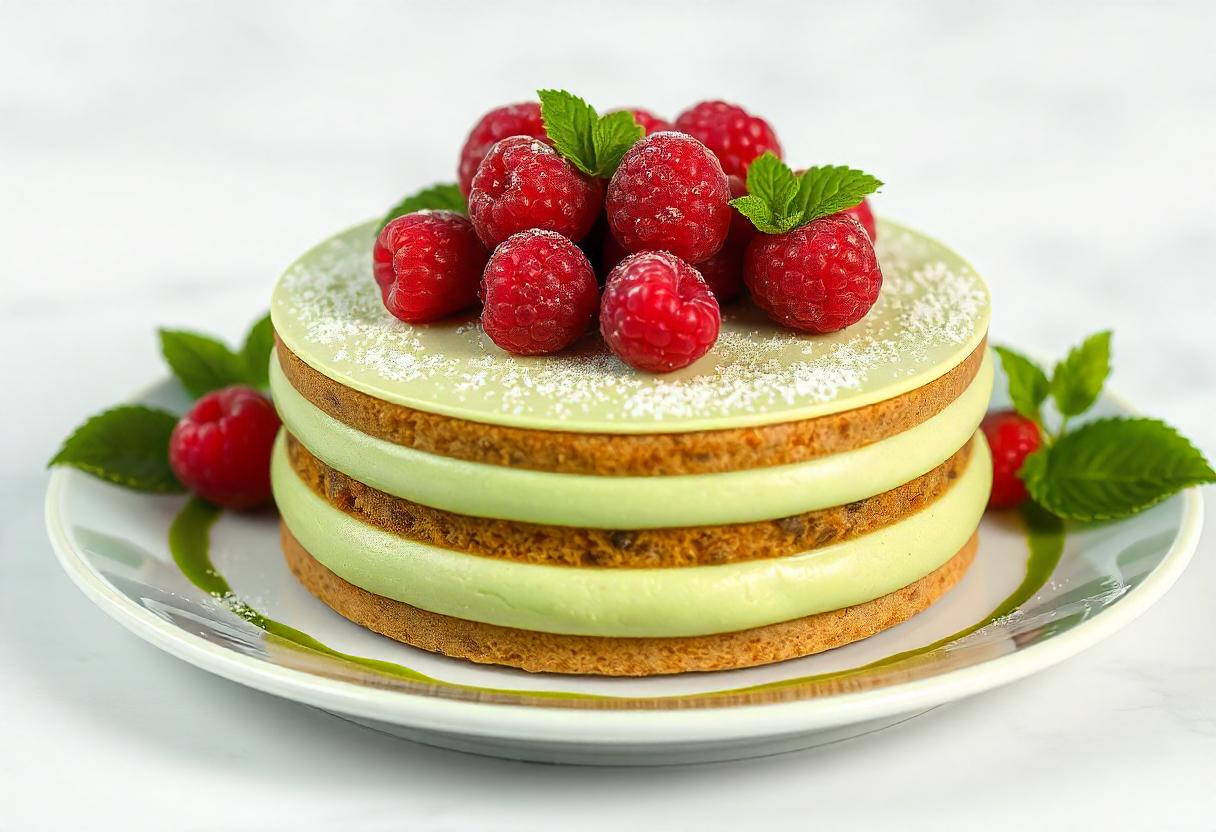 A layered cake with raspberries and mint on top A layered cake with raspberries and mint on top