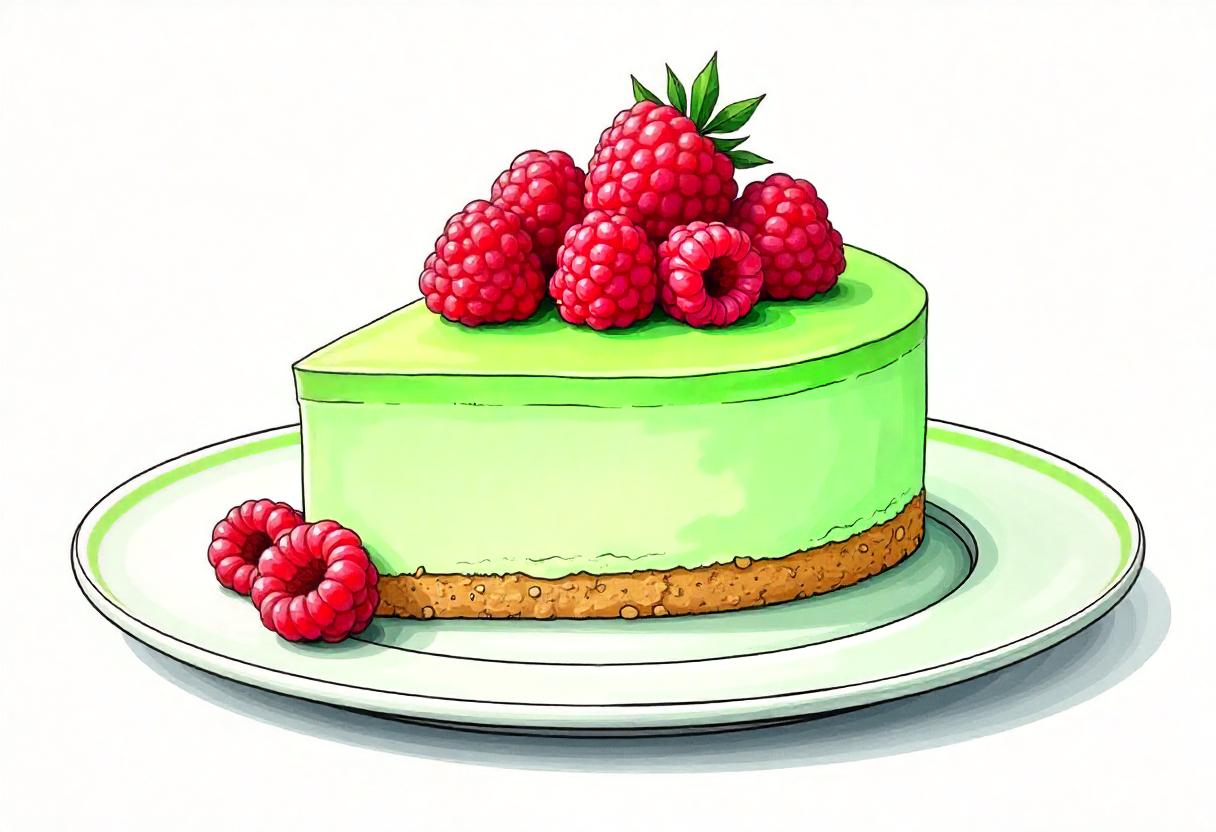 Green cheesecake with raspberries on a white plate Green cheesecake with raspberries on a white plate