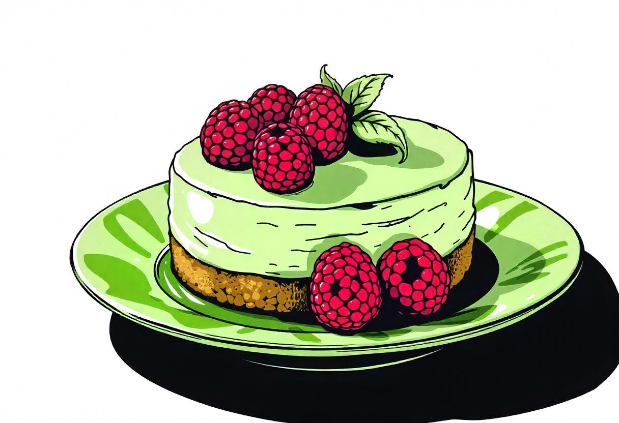A green cake with raspberries on a green plate A green cake with raspberries on a green plate