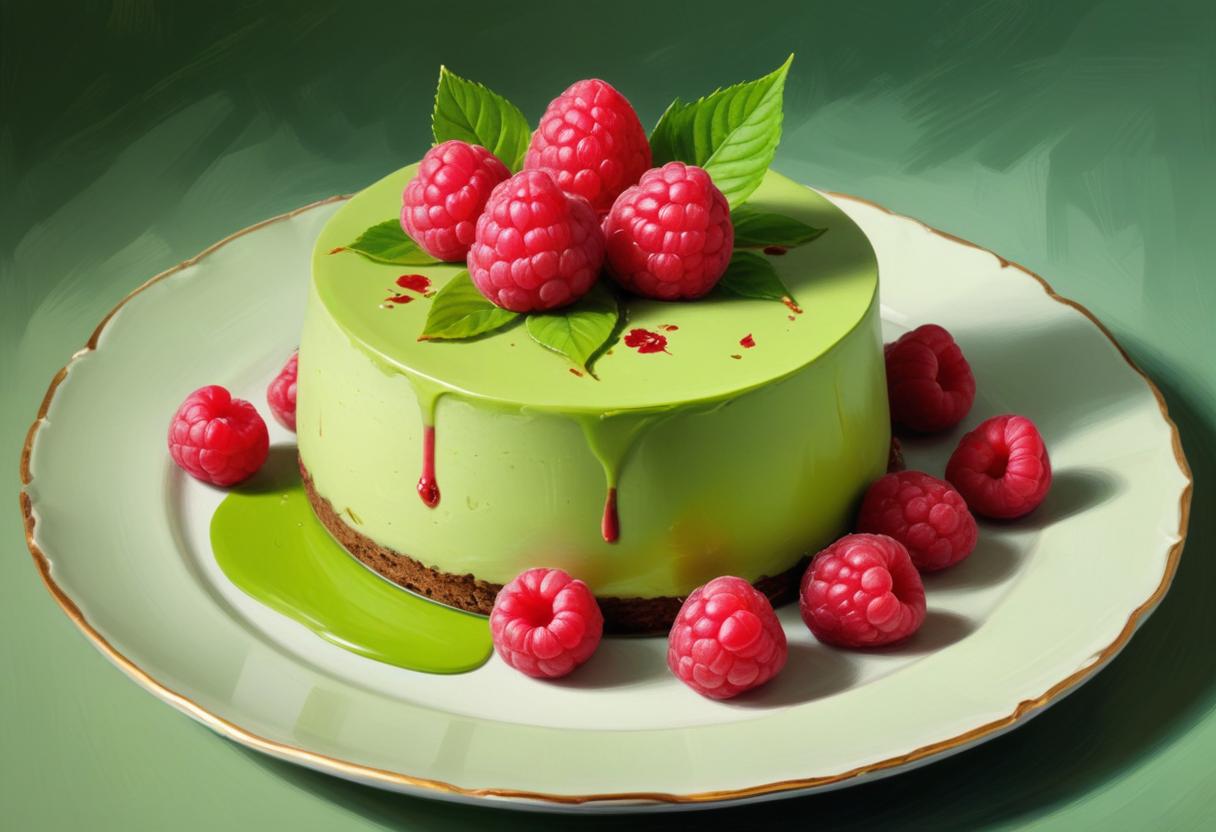 A green cake with raspberries on top, sitting on a plate A green cake with raspberries on top, sitting on a plate
