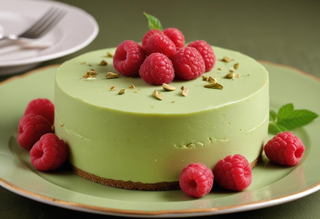 A green tea cheesecake with raspberries and pistachios A green tea cheesecake with raspberries and pistachios